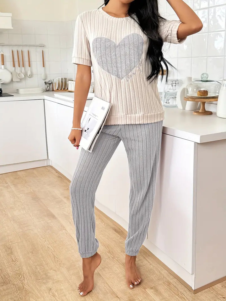 Comfortable women's ribbed loungewear set, cotton blend, with a cute heart print & relaxed fit.