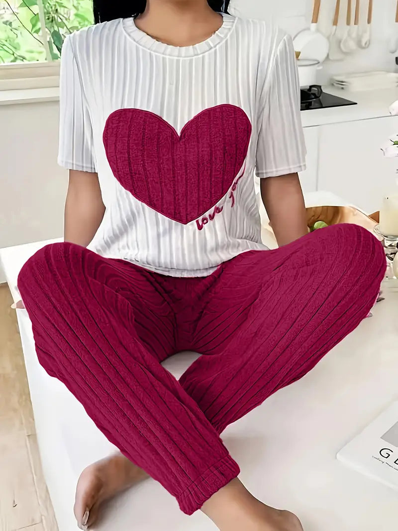 Soft womens Amore heart print ribbed loungewear, two-piece for ultimate cozy relaxation.