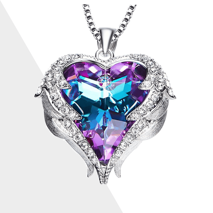 Women's angel wing heart crystal necklace with purple and blue stones, symbolizing love and protection. Fashion accessory.