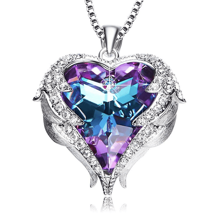 Elegant women's angel wing heart necklace featuring vibrant purple and blue crystals, a beautiful love symbol.