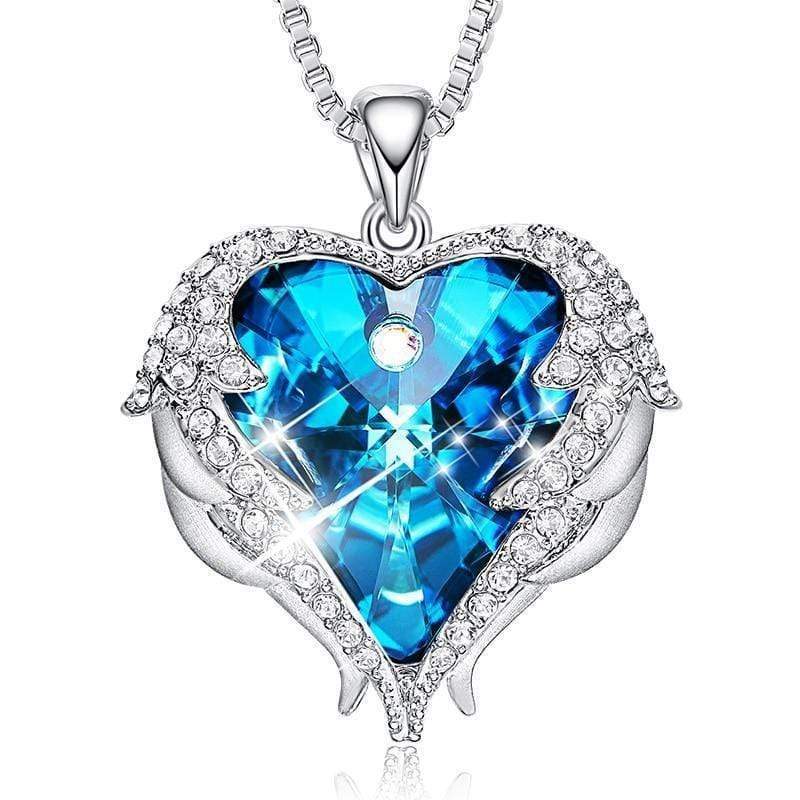 Stylish women's angel wing heart pendant necklace, a shimmering crystal fashion accessory for elegant everyday wear.