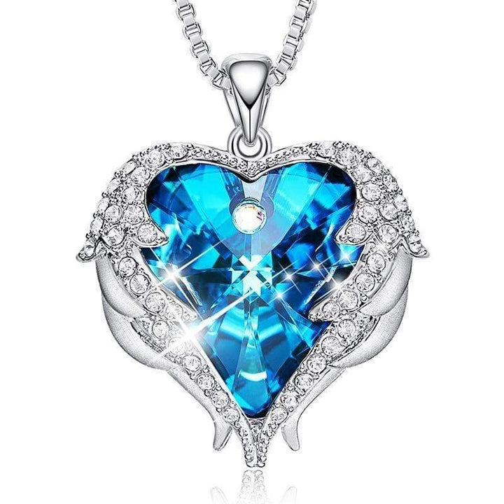 Stylish women's angel wing heart pendant necklace, a shimmering crystal fashion accessory for elegant everyday wear.