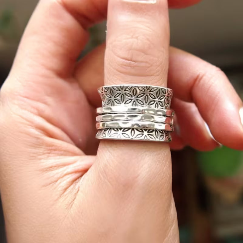Women's elegant gold/silver ring: Textured artisan wide band, Antiquity Gilded Flora for a vintage look.