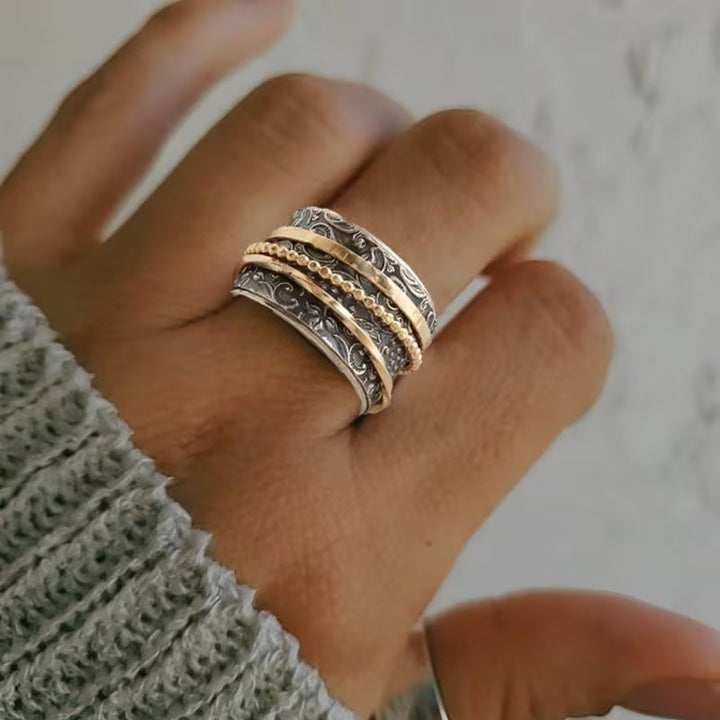 Unique women's gilded flora ring with an antique-inspired textured artisan wide band. Elegant gold/silver jewelry.