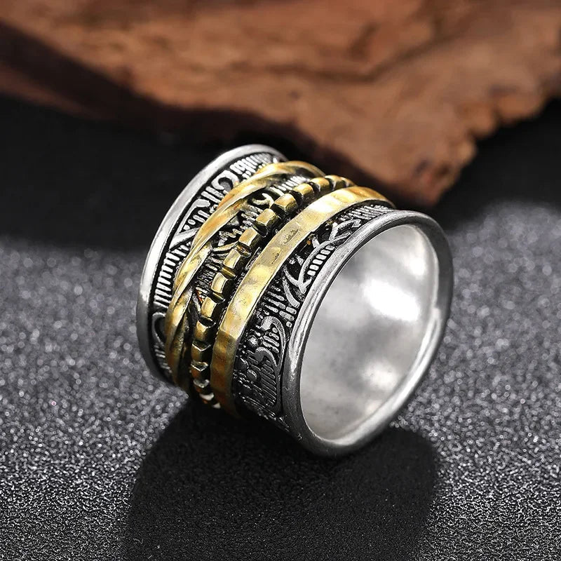 Elegant women's statement ring: Antiquity Gilded Flora, a textured artisan wide band in vintage gold/silver.