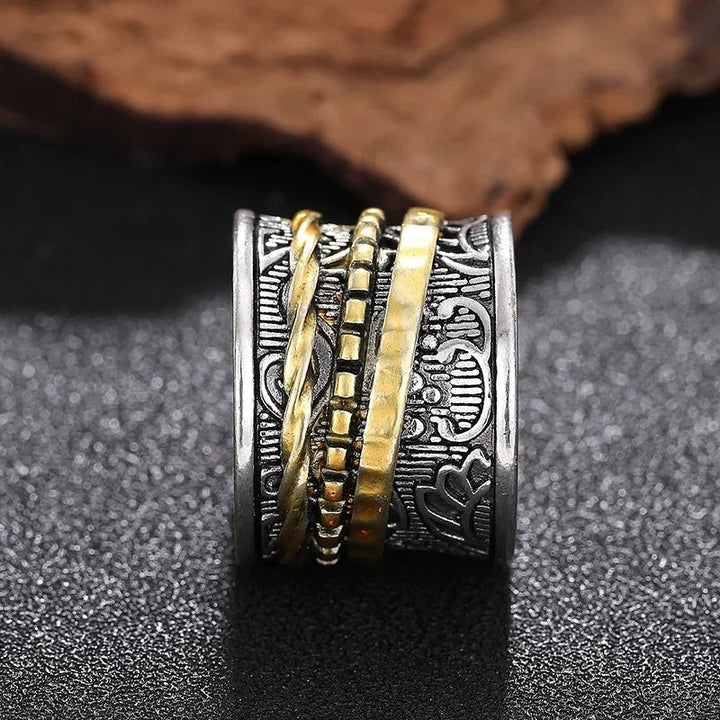 Artisan wide band ring for women. Antiquity Gilded Flora design, textured, elegant vintage gold/silver jewelry.