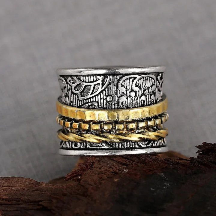Textured artisan women's ring. Gilded flora motif, antique style wide band. Elegant gold/silver vintage jewelry.