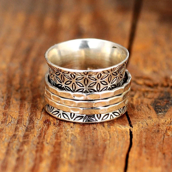 Exquisite women's artisan gilded flora ring. Textured wide band, vintage gold/silver, an elegant statement piece.