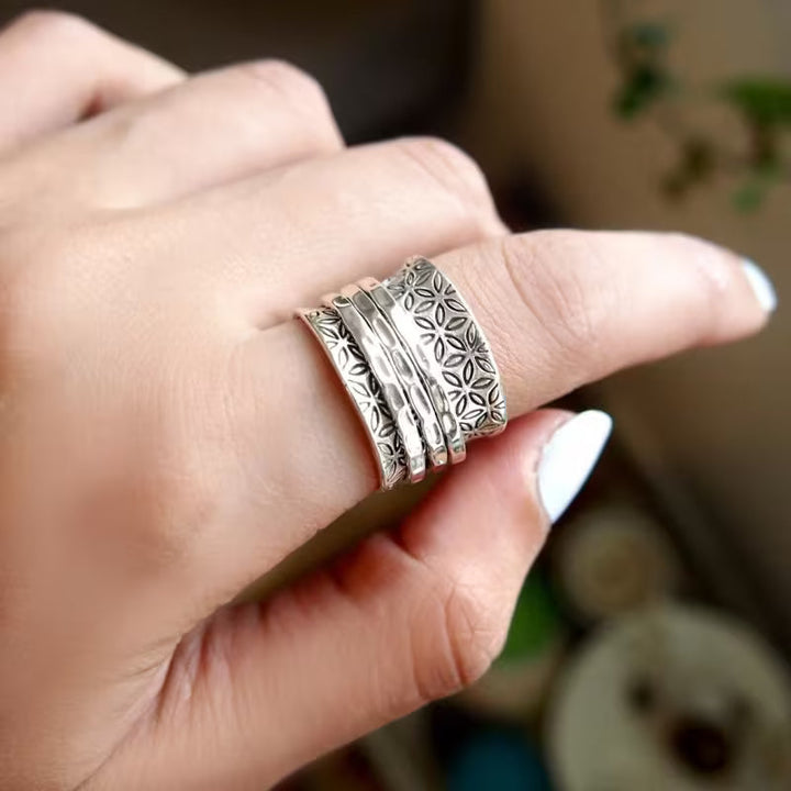 Antiquity Gilded Flora women's ring with a textured artisan wide band. Unique vintage gold/silver elegant jewelry.