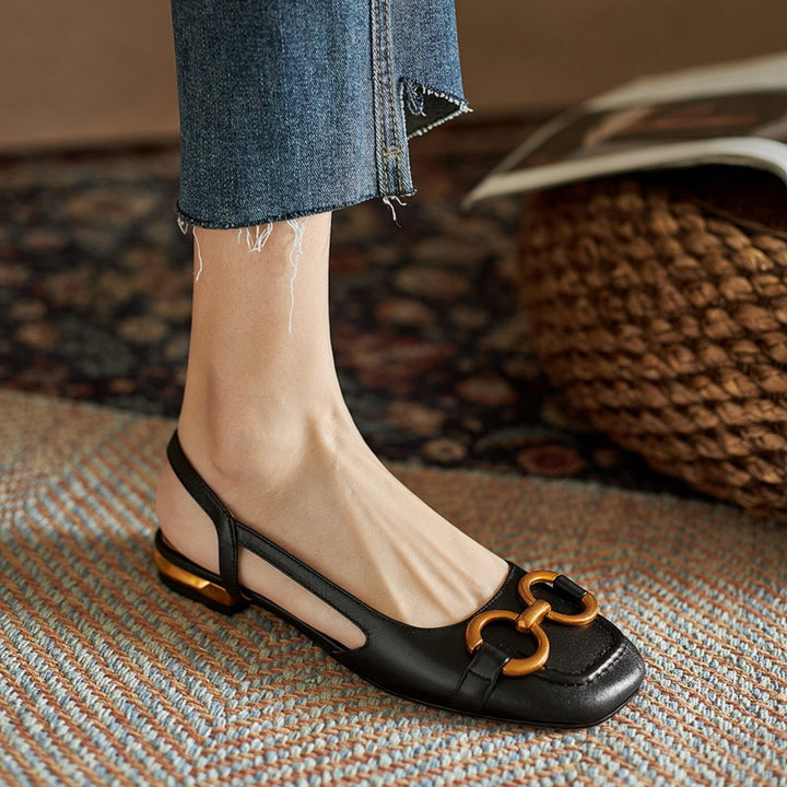 Chic beige women's slingback flats, stable low heel for comfort & sophisticated style in any setting.