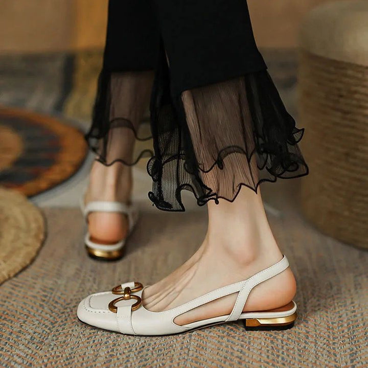 Blue women's comfortable slingback flats, stable low heel, perfect for elegant and comfortable outfits.
