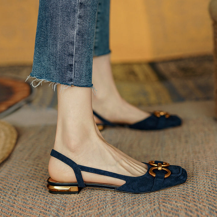 Beige women's comfortable slingback flats, versatile with a stable low heel for dress or casual.
