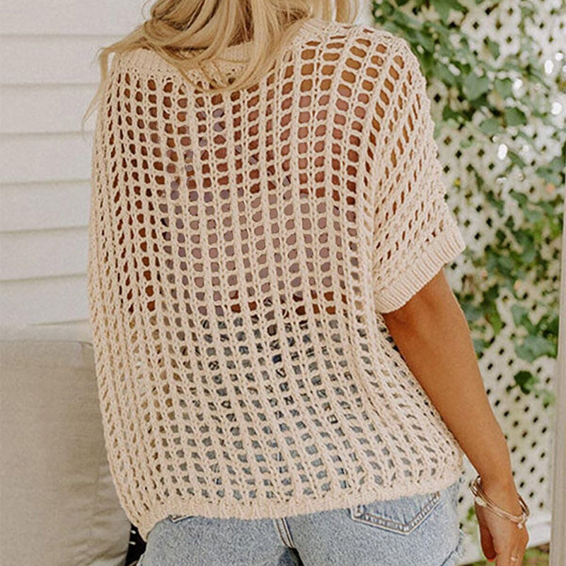 Apricot mesh short sleeve tee for women. Fashionable fishnet top, ideal layering shirt for a trendy look.