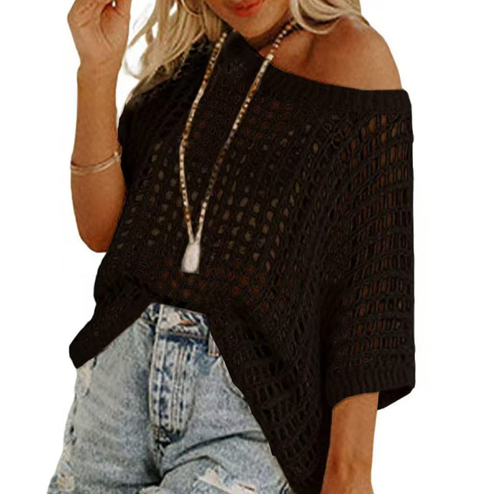 Comfortable women's apricot mesh short sleeve tee. Trendy fishnet top, stylish for everyday wear and layering.