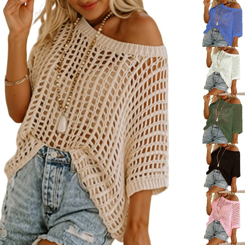 Fashionable apricot mesh short sleeve tee. Women's trendy fishnet top, great for a bold layering statement.