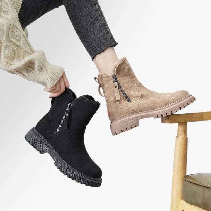 Apricot women's winter boots with a cozy fur lining, designed for ultimate warmth and comfort.