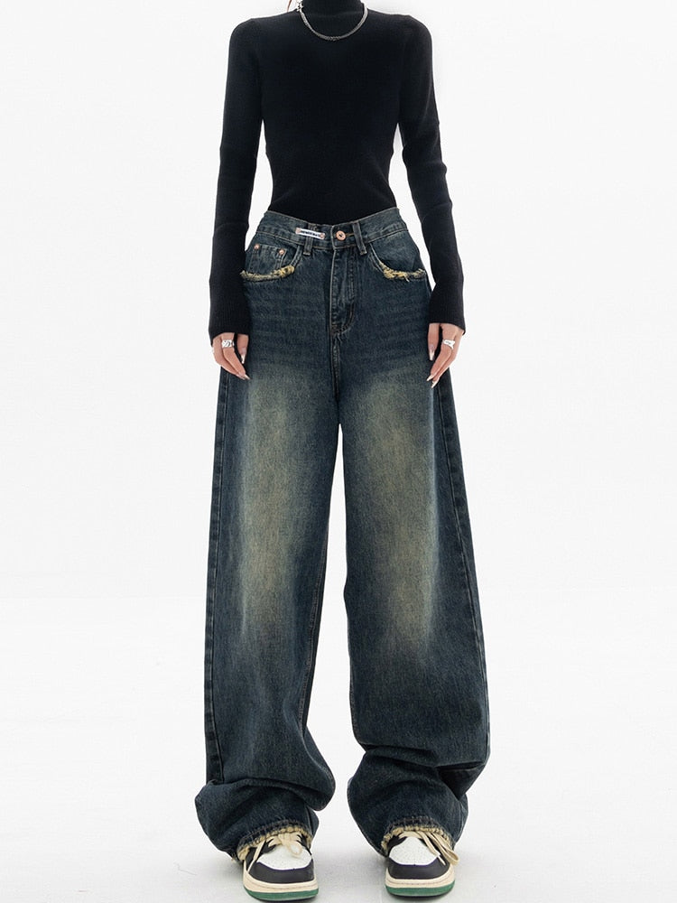 Casual women's retro high-waist wide-leg jeans in a baggy fit, blue-gray, ideal for everyday streetwear.