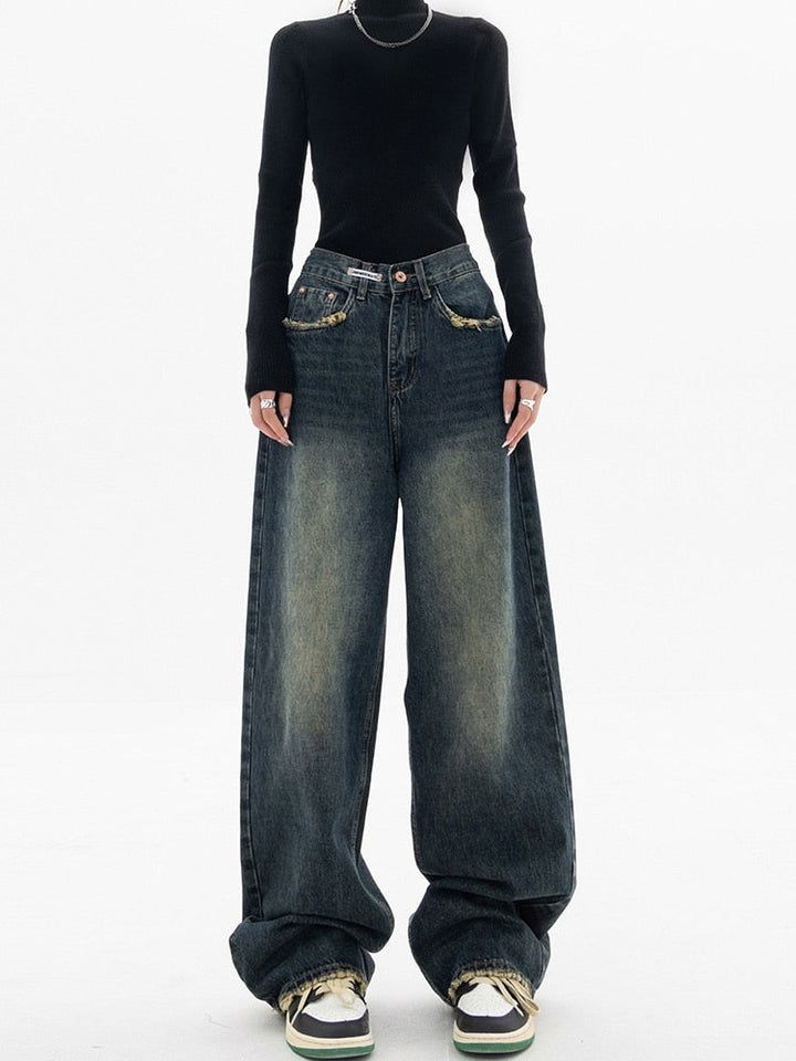 Casual women's retro high-waist wide-leg jeans in a baggy fit, blue-gray, ideal for everyday streetwear.