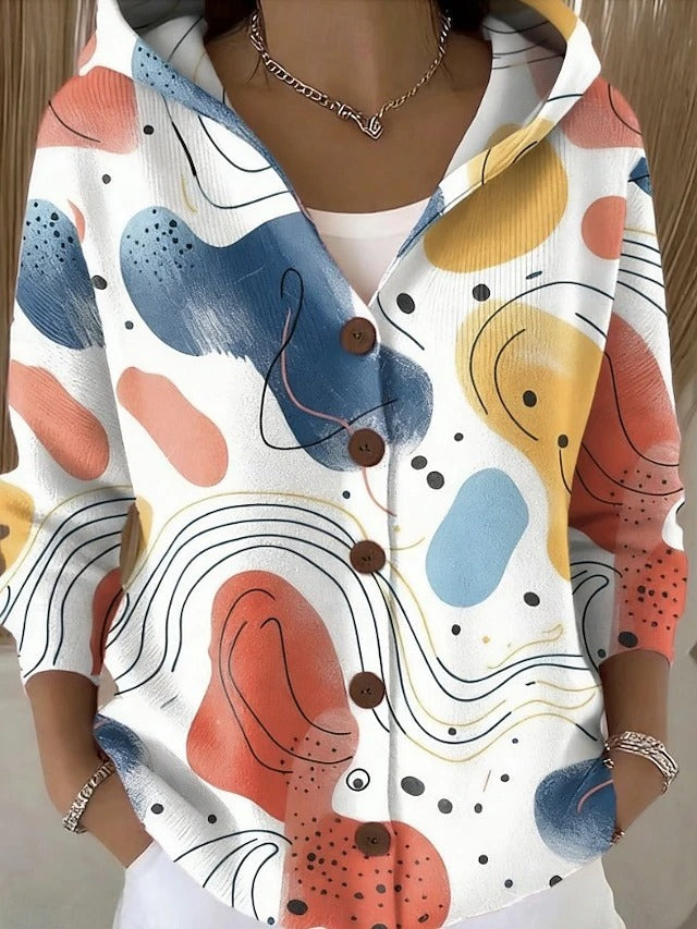 Warm women's long flowy artistic cardigan, a versatile layering piece for casual everyday wear.