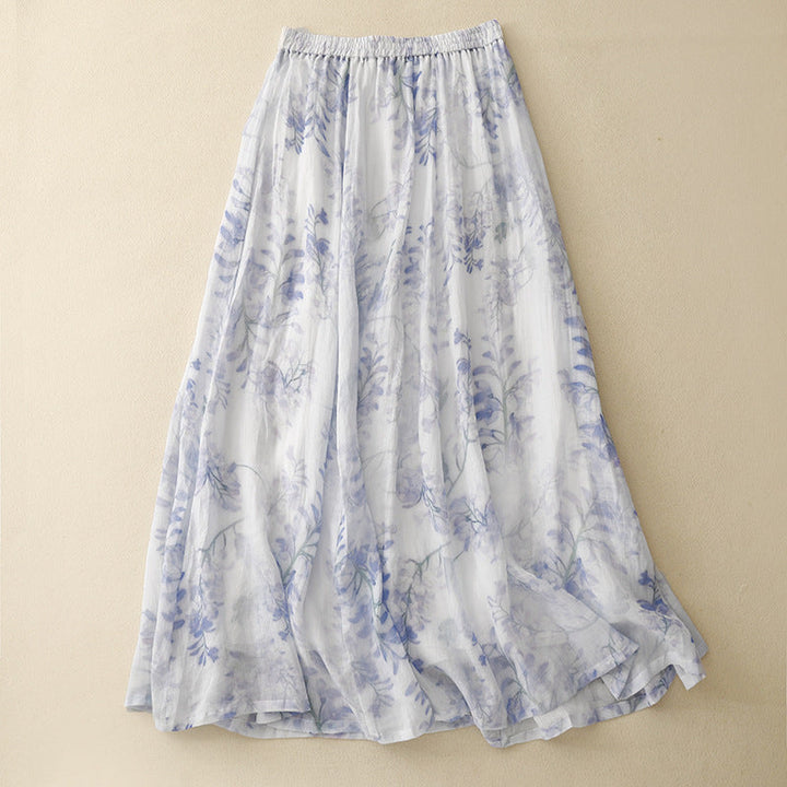 Boho style women's midi printed skirt, flowy and comfortable for casual summer wear with an artistic, unique pattern.