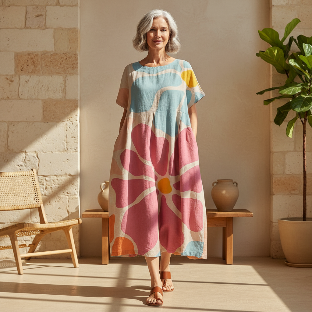 Women's artistic print midi dress. Relaxed fit, short sleeve, round neck. Summer casual style.