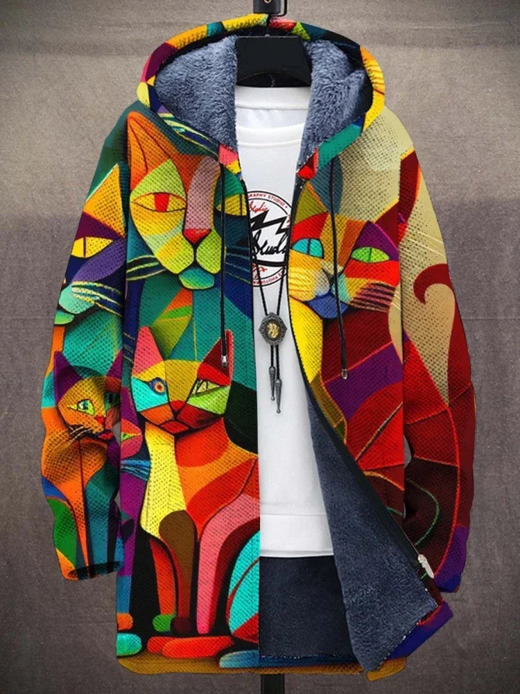 Versatile women's printed coat, a comfortable fashion outerwear piece with a unique artistic print.