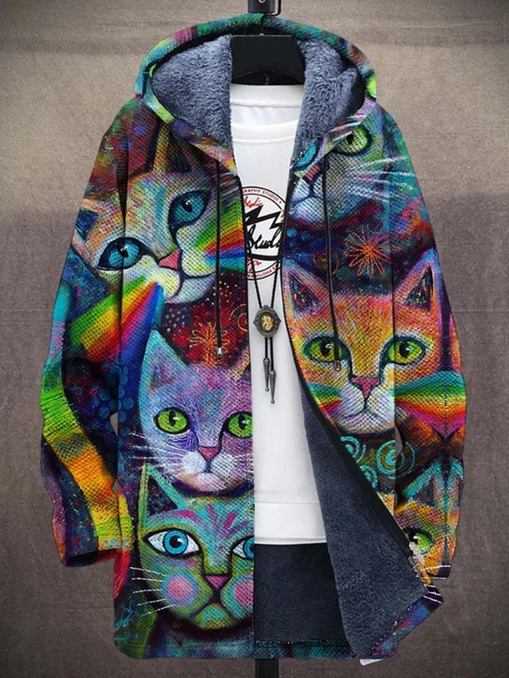 Stylish women's statement coat showcasing a bold artistic print, perfect for unique fashion outerwear.
