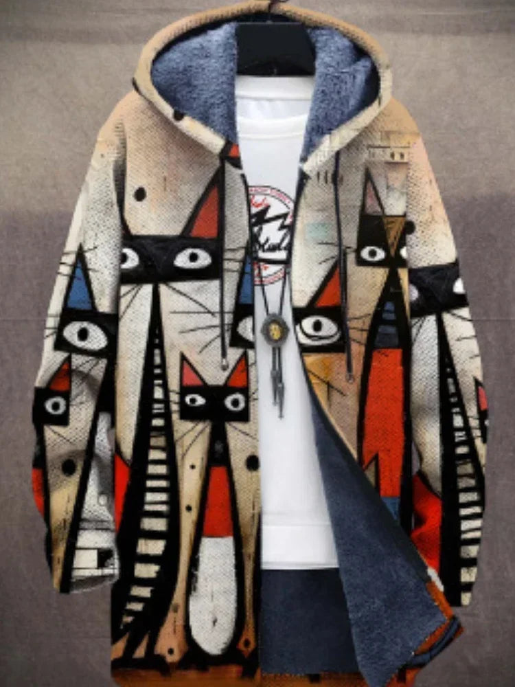 Comfortable women's elegant jacket with an artistic print, a unique long coat for womens fashion.