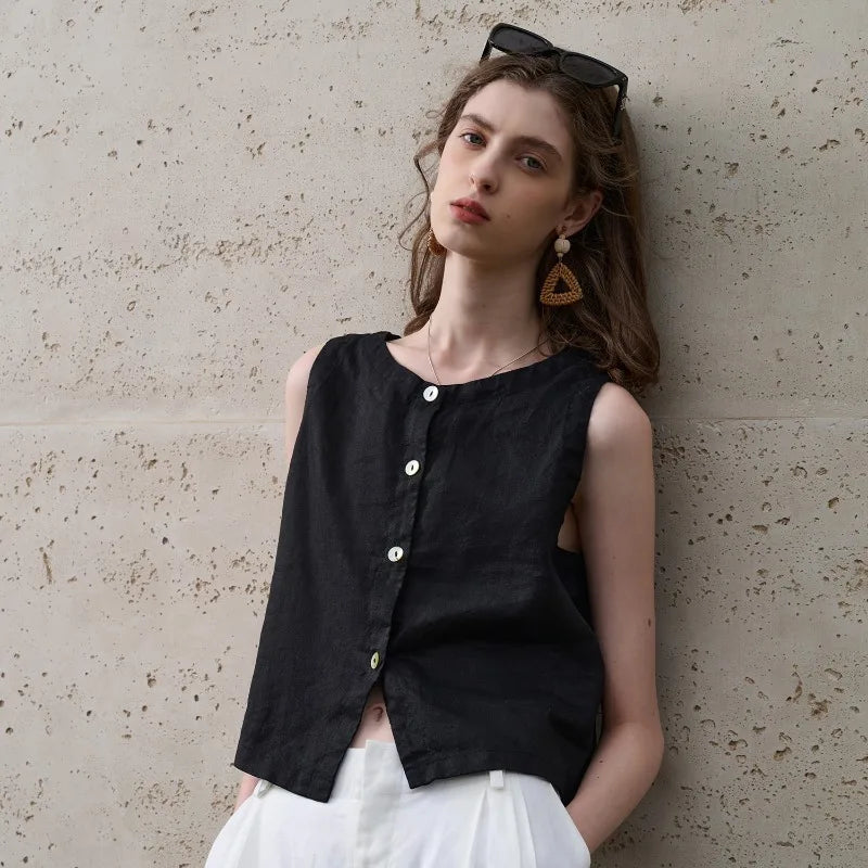 Relaxed fit asymmetric crop top for women, sleeveless, crew neck, ideal for summer fashion.
