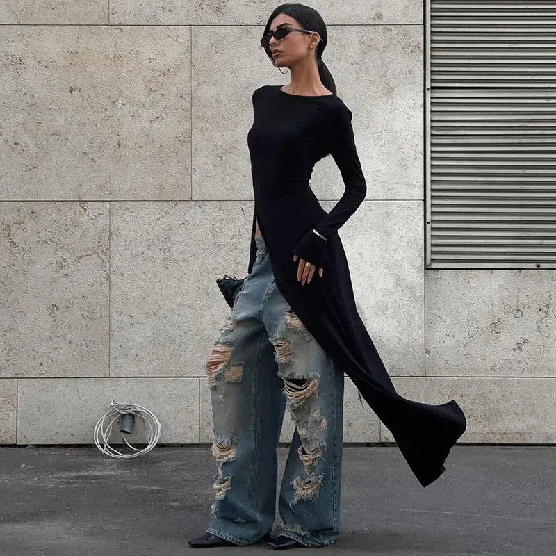 Stylish women's black asymmetrical party dress with long sleeves, perfect for formal events.