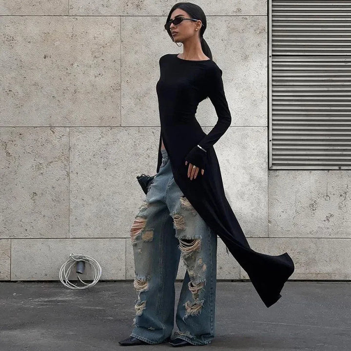 Stylish women's black asymmetrical party dress with long sleeves, perfect for formal events.
