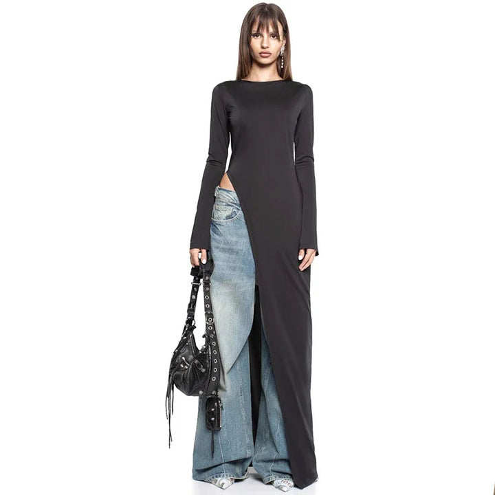 Unique high-stretch asymmetrical black long sleeve dress for women, a modern fashion statement.