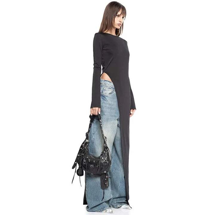 Elegant women's black long sleeve dress, featuring a stylish asymmetrical design, perfect for evenings.