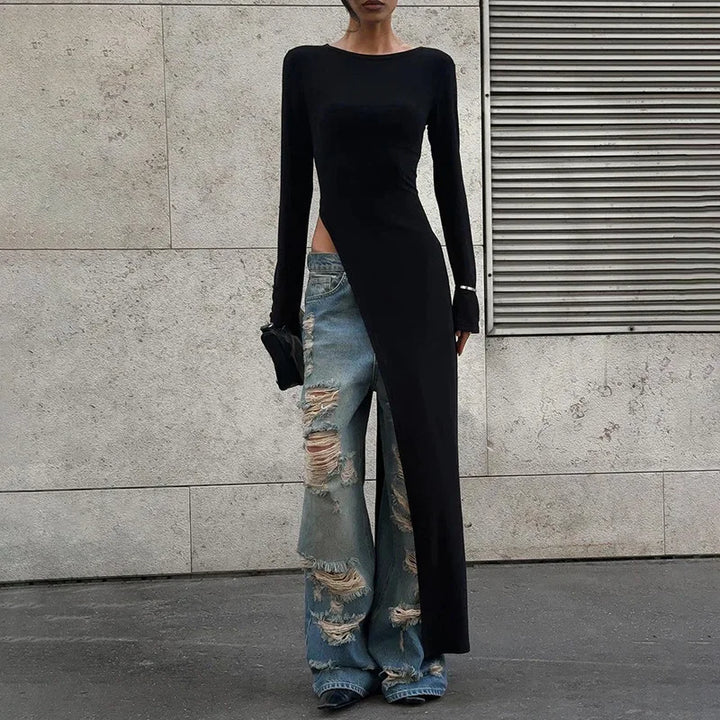 Modern women's high-stretch asymmetrical black long sleeve dress, comfortable for evening wear.
