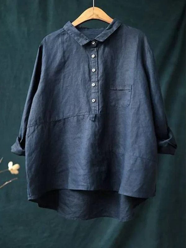 Relaxed fit women's collared blouse with an asymmetrical hem, a stylish choice for versatile casual wear.