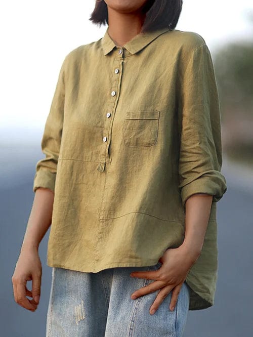 Women's stylish asymmetrical button-up blouse, a casual long-sleeve top with a relaxed fit.