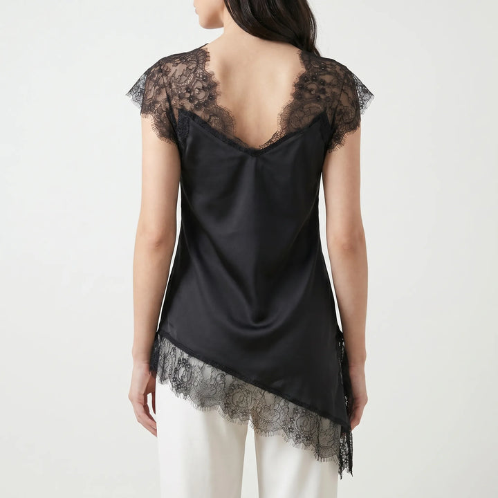 Sleeveless asymmetrical blouse featuring sheer detail & deep V-back. Elegant and versatile for any occasion.
