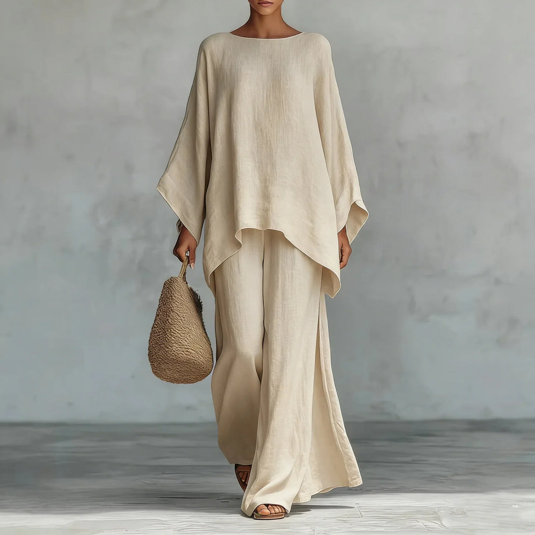 Women's two-piece set: Asymmetrical, flowy top paired with comfortable wide-leg pants for a stylish look.