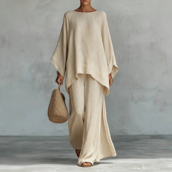 Women's two-piece set: Asymmetrical, flowy top paired with comfortable wide-leg pants for a stylish look.