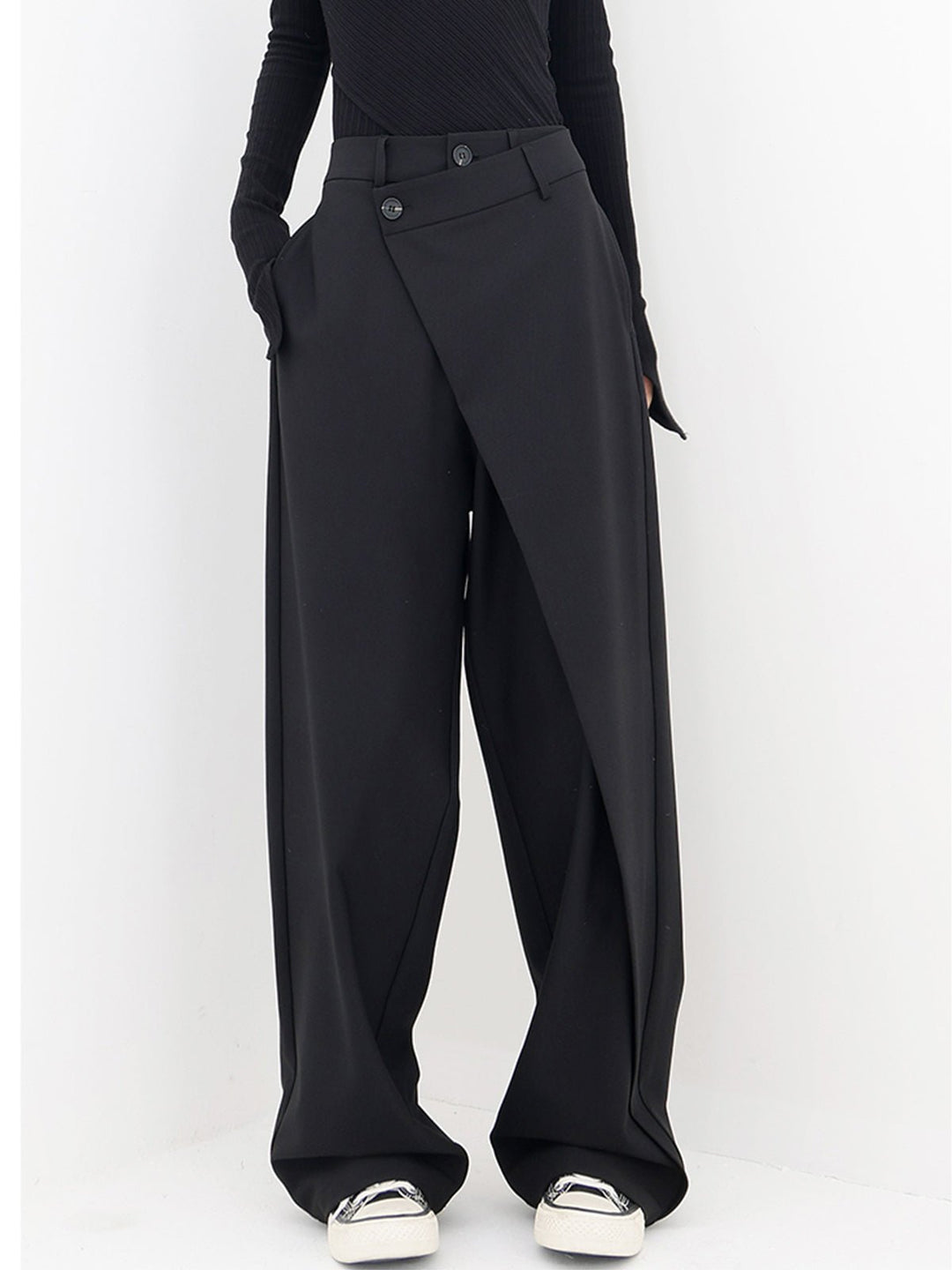 Women's asymmetrical wide leg comfort trousers in a stylish, loose fit for casual chic wear.