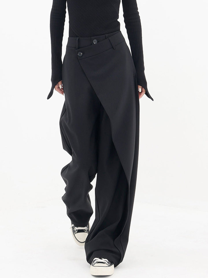 Comfortable black women's wide leg trousers with an asymmetrical design, perfect for casual wear.