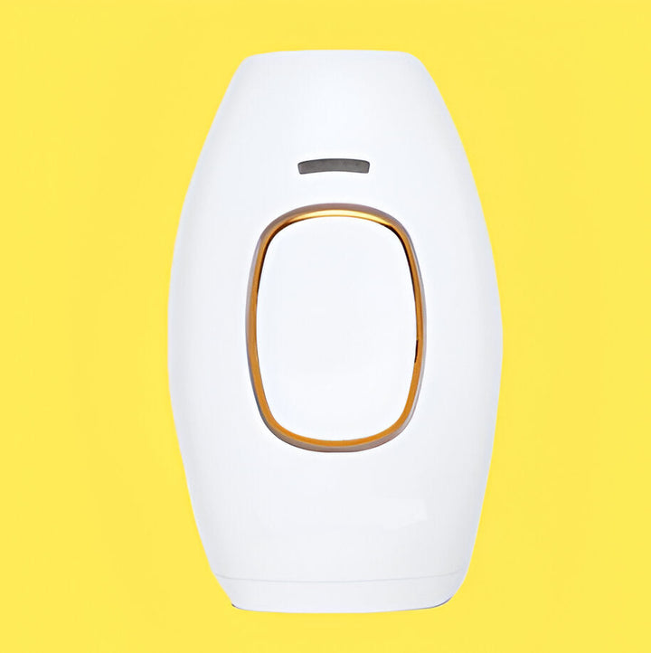 Woman holding a compact at-home laser hair removal device for painless body & face hair reduction.