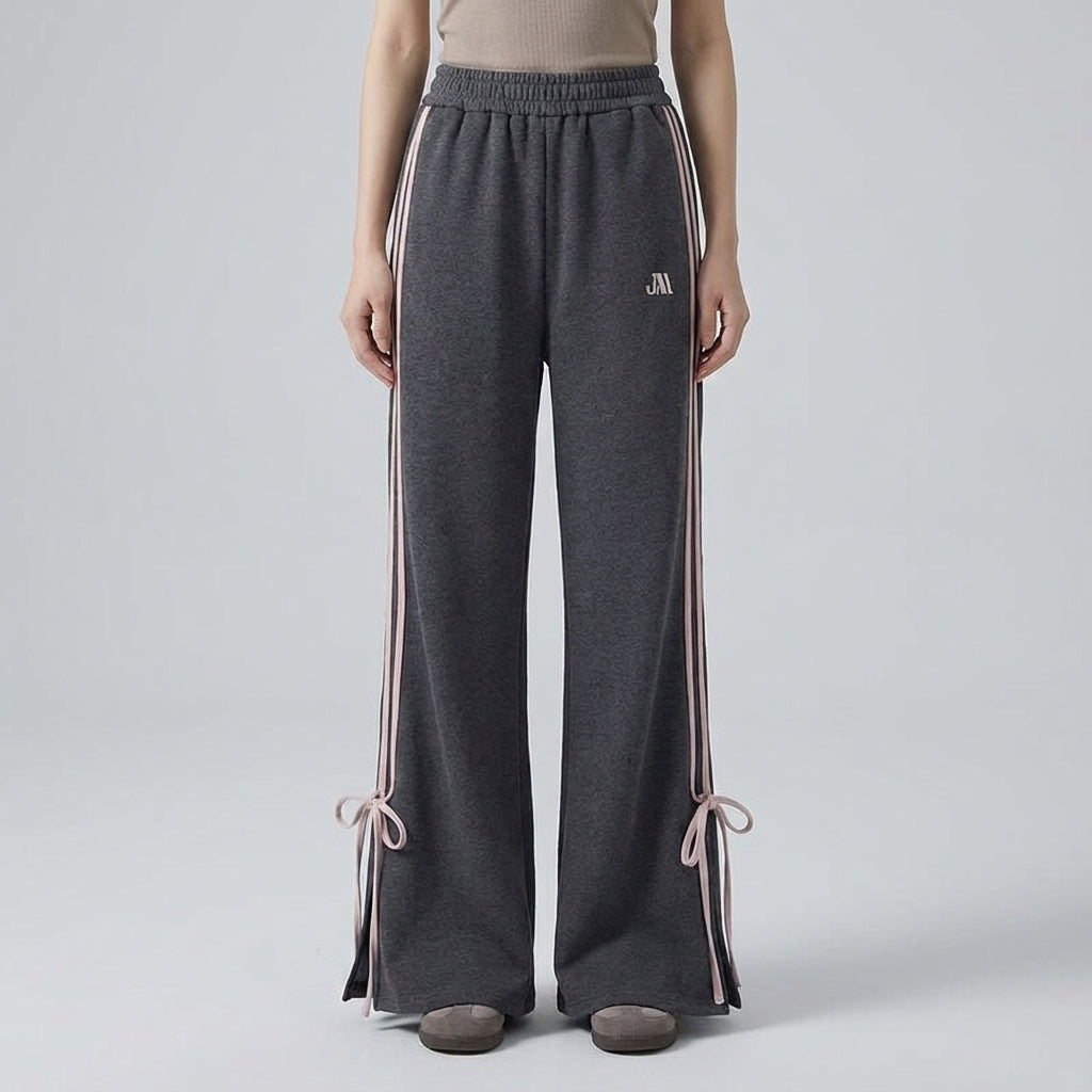 Tina athleisure jogger pants for women, grey with white stripes, elastic waist and decorative bow detail