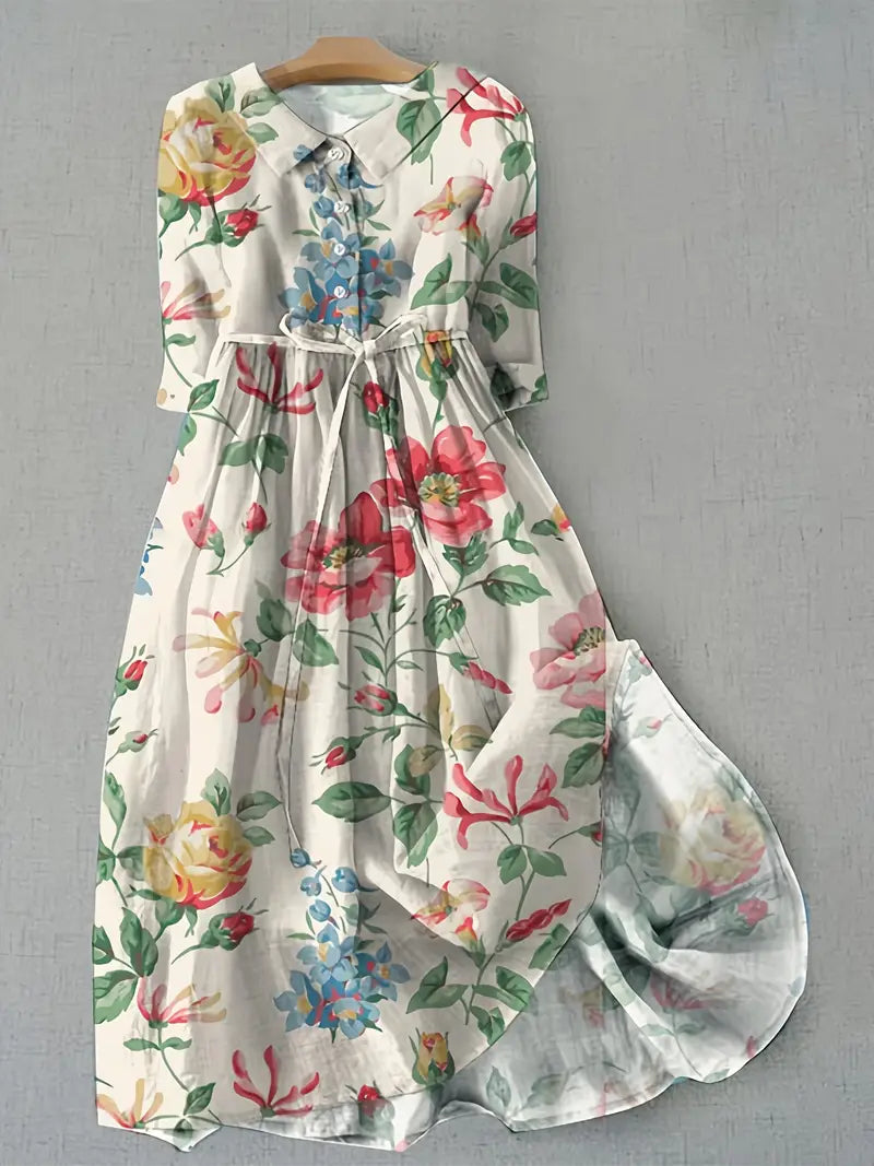 Women's Aurora A-line floral dress with short sleeves for effortless elegance & all-day comfort, perfect for summer.