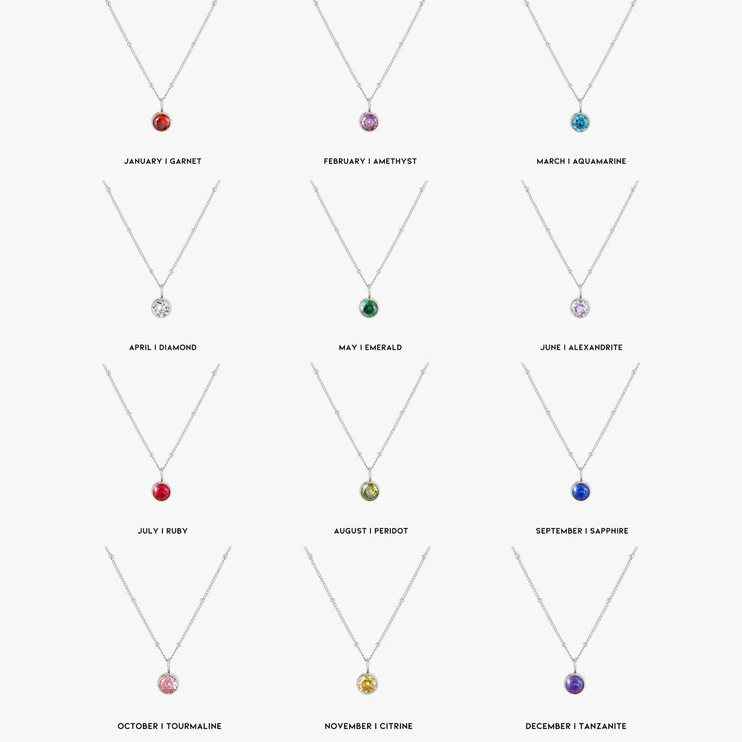 Water-resistant silver birthstone necklace, hypoallergenic women's jewelry.