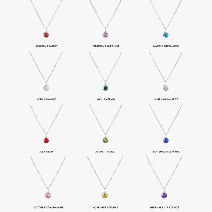 Water-resistant silver birthstone necklace, hypoallergenic women's jewelry.