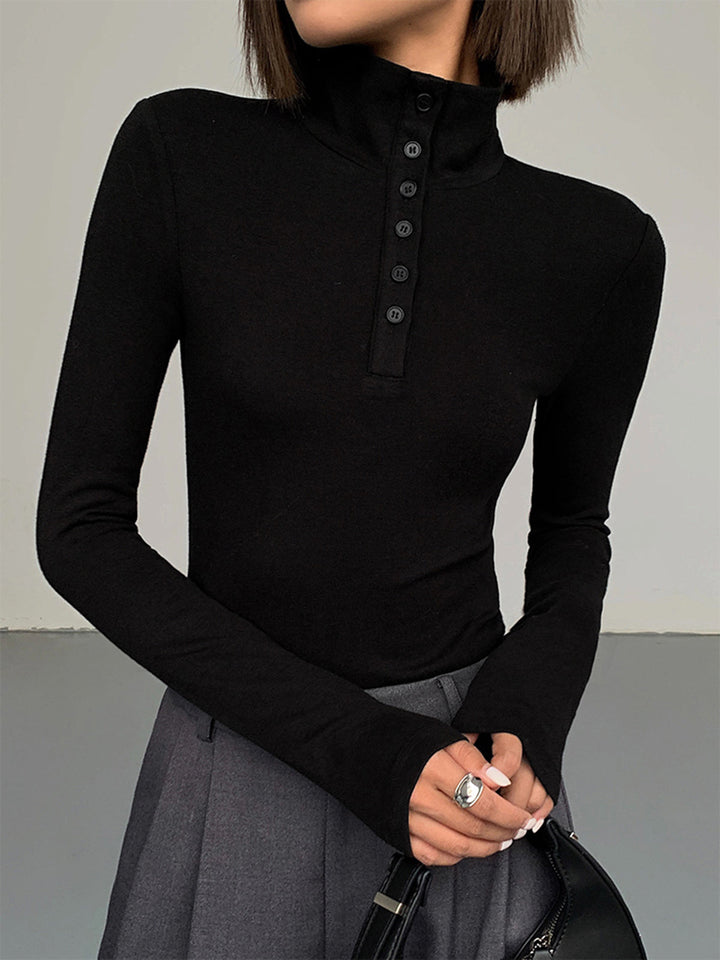 Women's Aurora funnel neck jumper with button details, soft rayon blend, slim fit for everyday style.