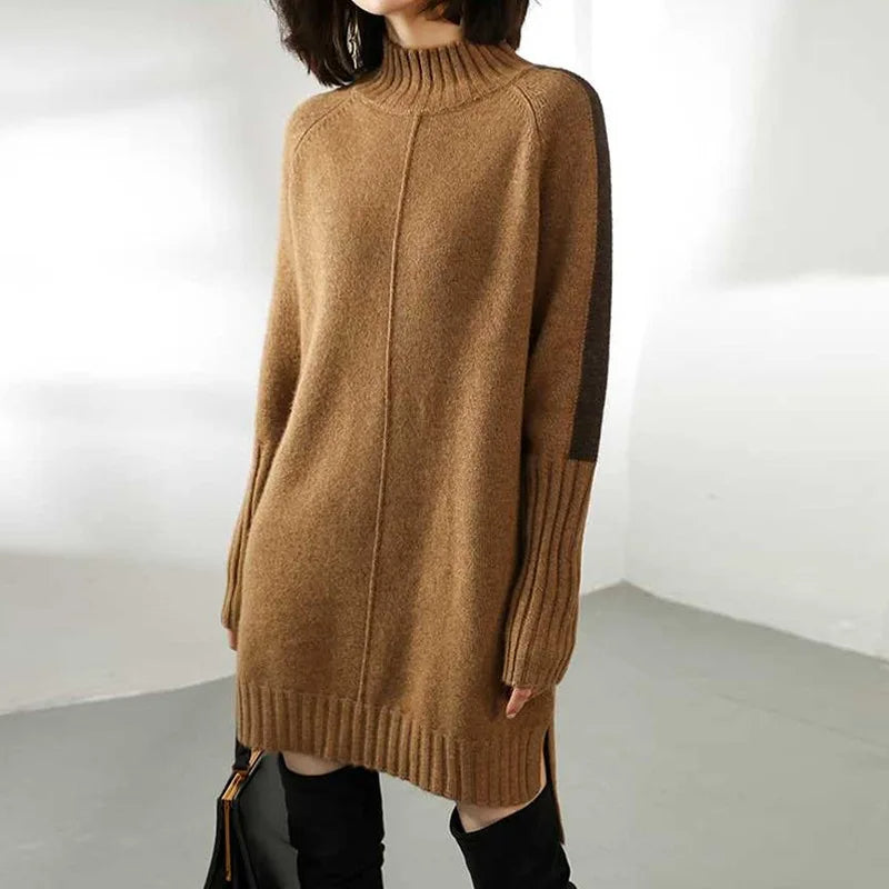 Women's Aurora oversized sweater dress in beige with mock neck & ribbed trim. Cozy, relaxed fit for fall & winter chic.