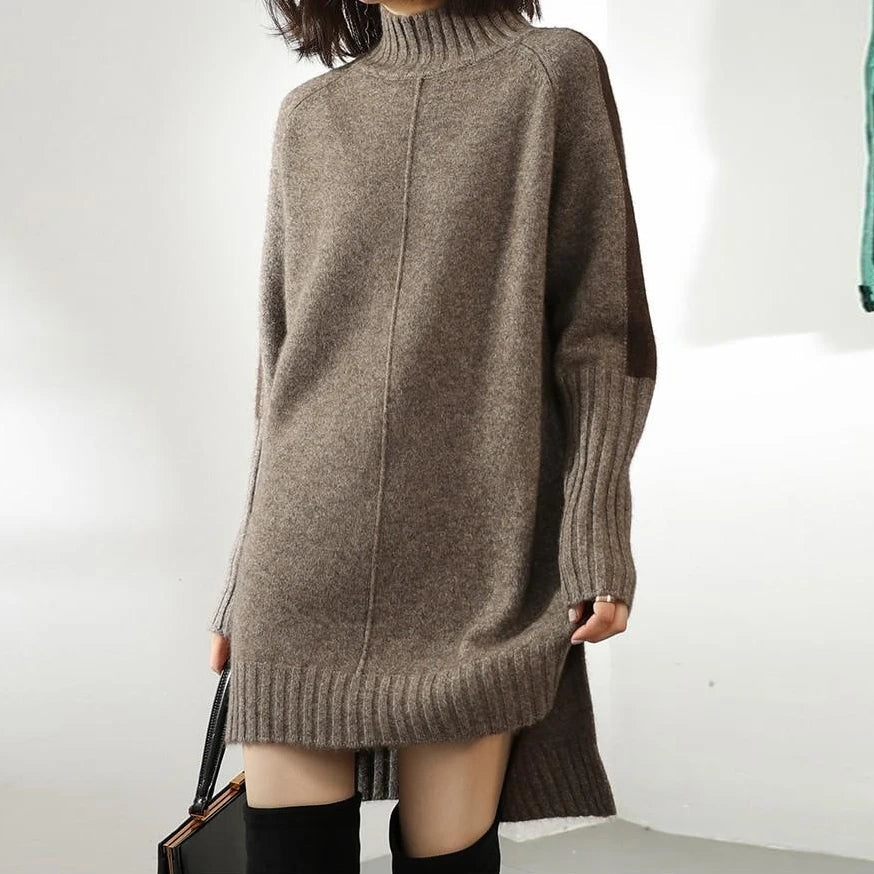 Cozy grey oversized sweater dress for women, featuring a mock neck. Ideal relaxed fit for fall & winter comfort.