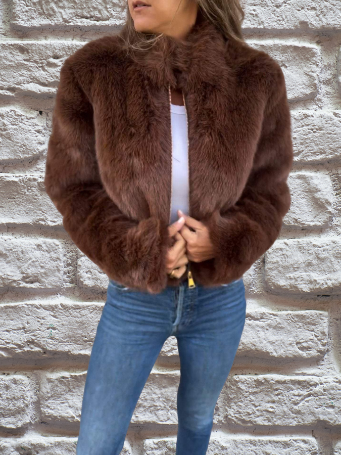 Women's Aurora plush winter coat, warm & cozy full-zip design with high collar, perfect for cold weather.